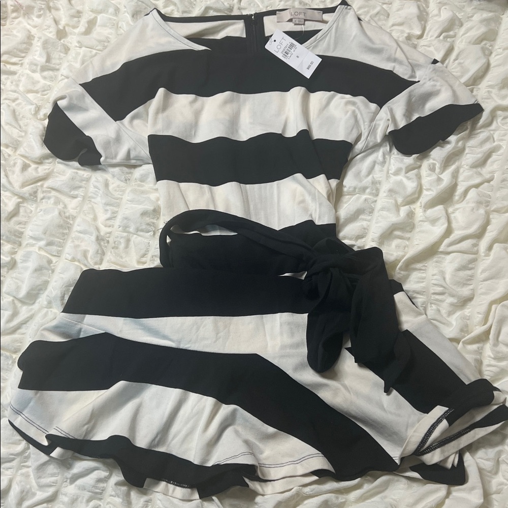 LOFT Monochrome Striped Dress with Belt